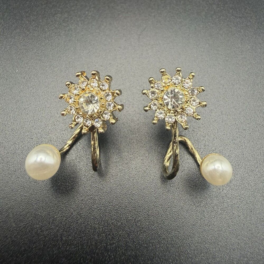 Gold Tone Rhinestone Sunburst & Pearl Twist Lobe Hugger Stud Cuff Earrings New